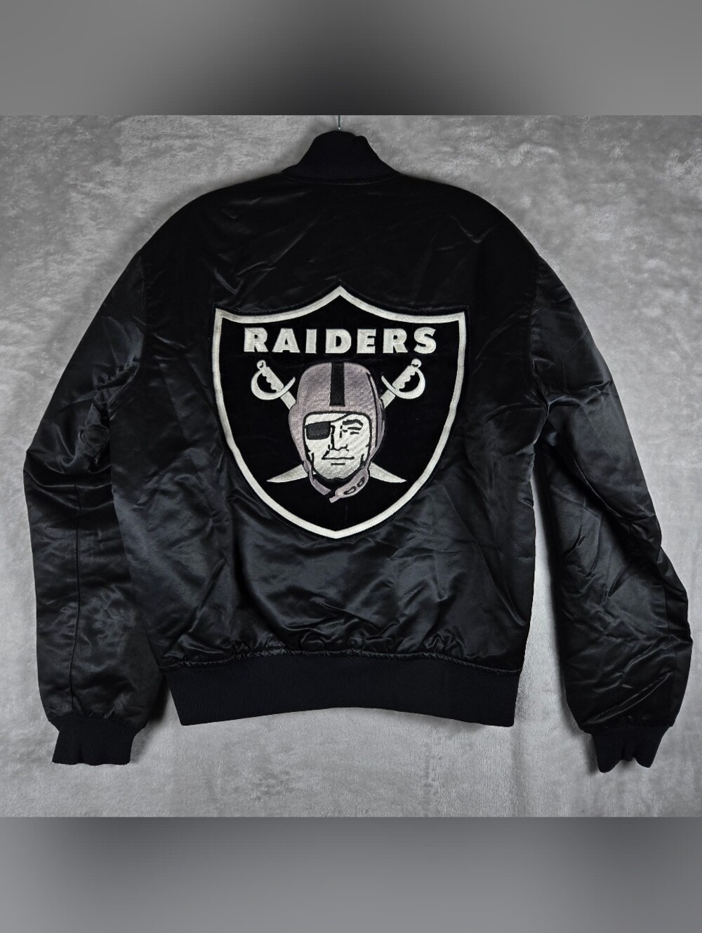 Oakland Raiders Starter Satin Bomber Men Size Medium Black Embroidered Big Logo